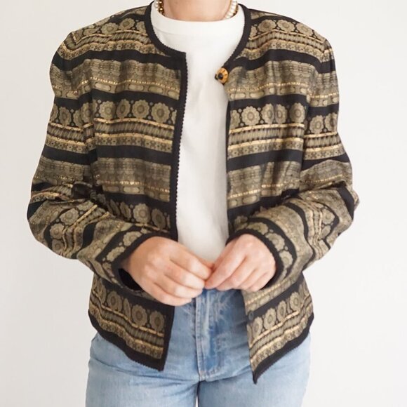 Vintage Maggy London Gold Black Floral Metallic Button Up Blazer 14 - Picture 2 of 10